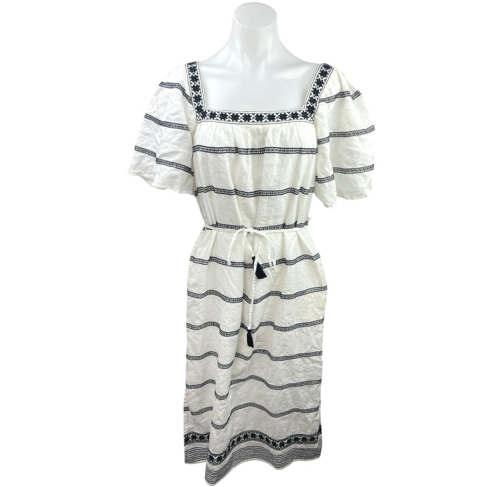Tory Burch White Black Striped Flutter Boho Peasant Tassel Tie Midi Dress Sz XS